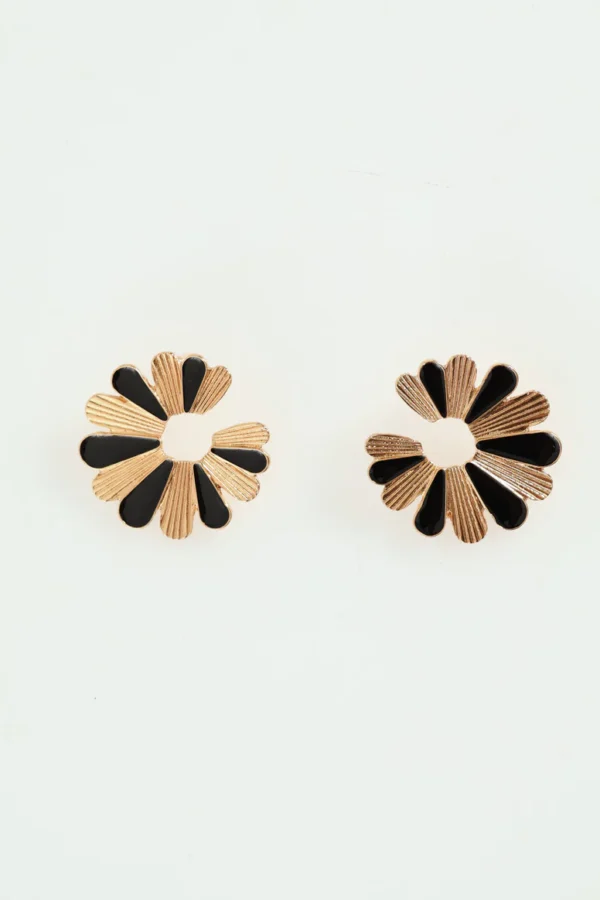 Brincos Femininos "Textured Epoxy Flower Statement Earring - Gold/Black" - Image 2