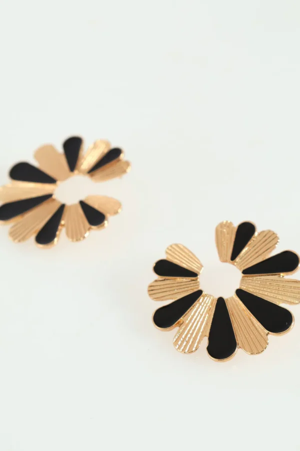 Brincos Femininos "Textured Epoxy Flower Statement Earring - Gold/Black"