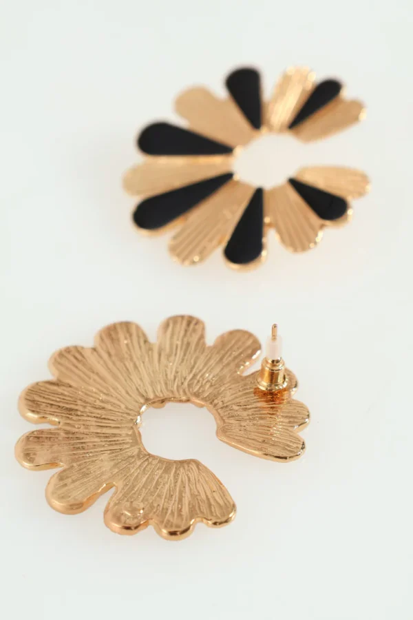 Brincos Femininos "Textured Epoxy Flower Statement Earring - Gold/Black" - Image 3