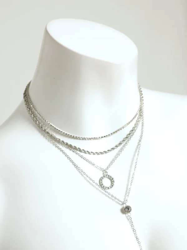 Colar Femenino"4 Layer Diamante Disc Lariat Necklace - Silver"