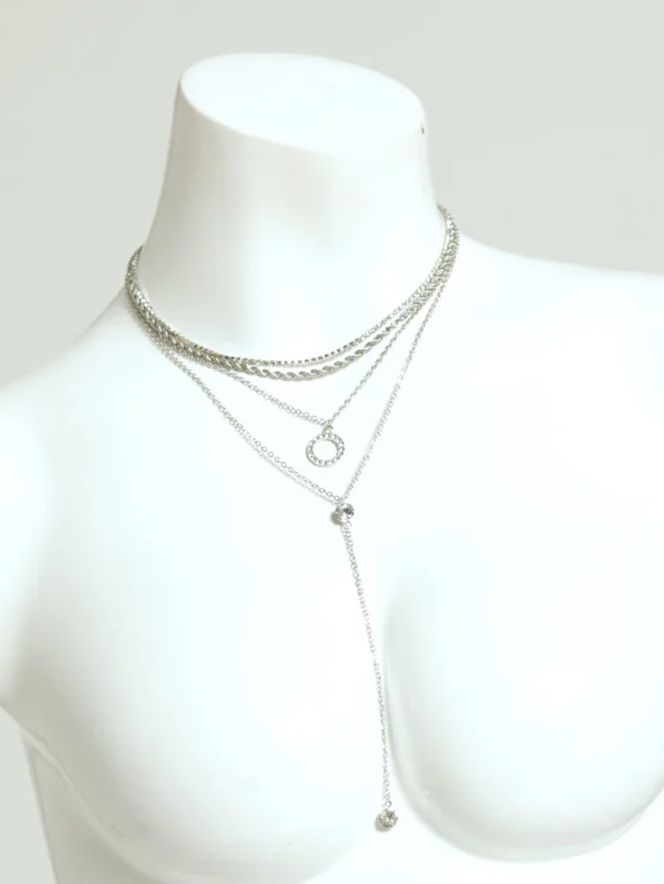 Colar Femenino"4 Layer Diamante Disc Lariat Necklace - Silver" - Image 3