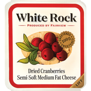 Cranberries secas Fairview White Rock, pacote com 100g de queijo semi-mole e com teor médio de gordura